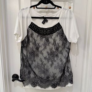 White House Black Market XL White shirt with Black Lace Overlay
